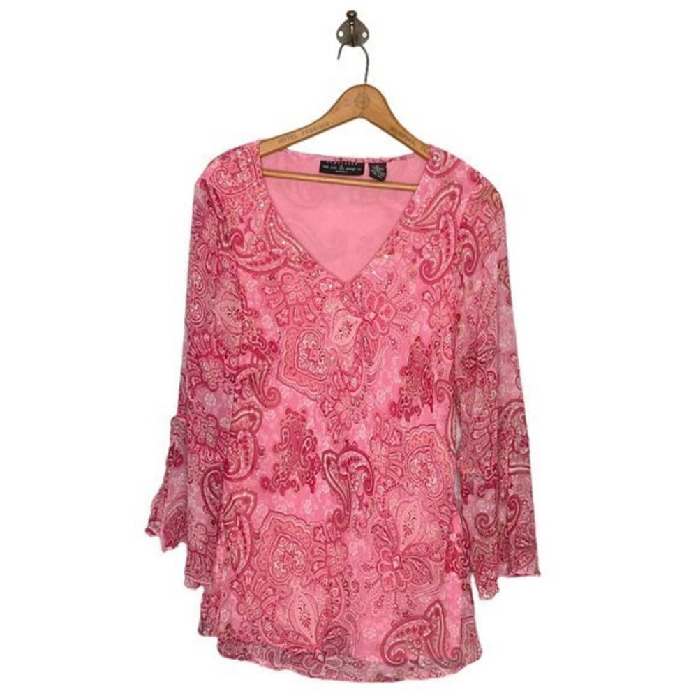 Vintage 90s 00s Y2K Separates 1X Pink 100% Silk Paisley Embellished Fairy‎ Top